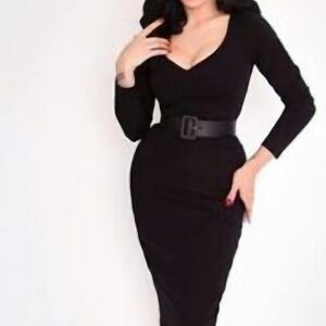 Black Long-Sleeve V-Neck Sheath Dress with Belted Waist